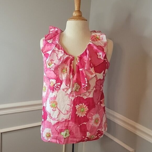 Lilly Pulitzer Tops - LILLY PULITZER Scarlet Begonia Ruffle Scoop Neck Pink Floral Sleeveless Top XS